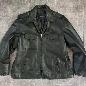 Women's Vintage Y2K Nautica Black Leather Motorcycle Bomber Zip Up Jacket Sz XL